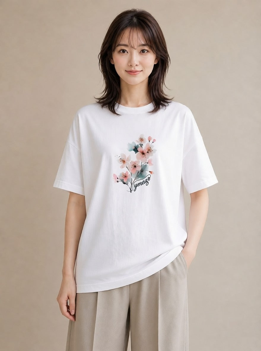 Tシャツ レディース 梅 花 花柄 イラスト ボタニカル 在宅 公園 白T