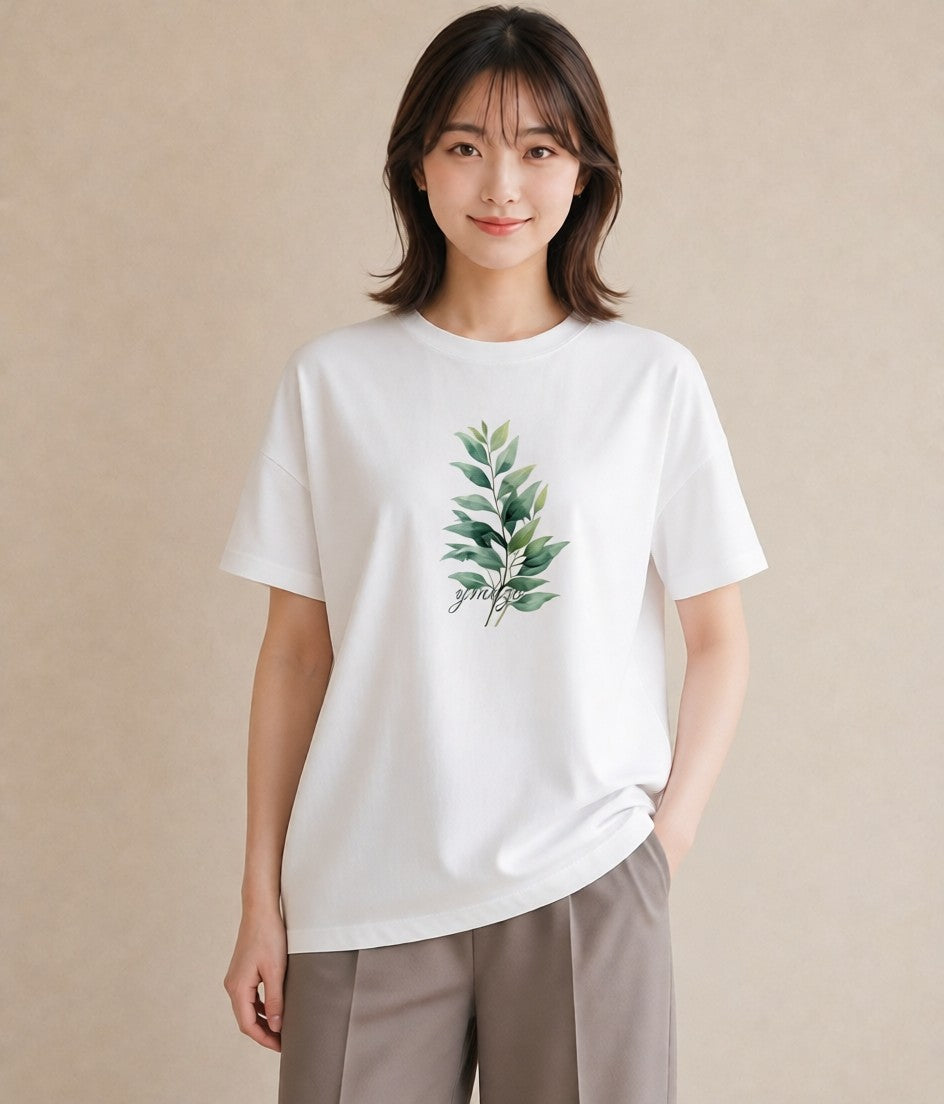 デザインTシャツ レディース 苔 植物 ボタニカル イラスト ラフカジュアル ママ カフェ服 白T YMAZO