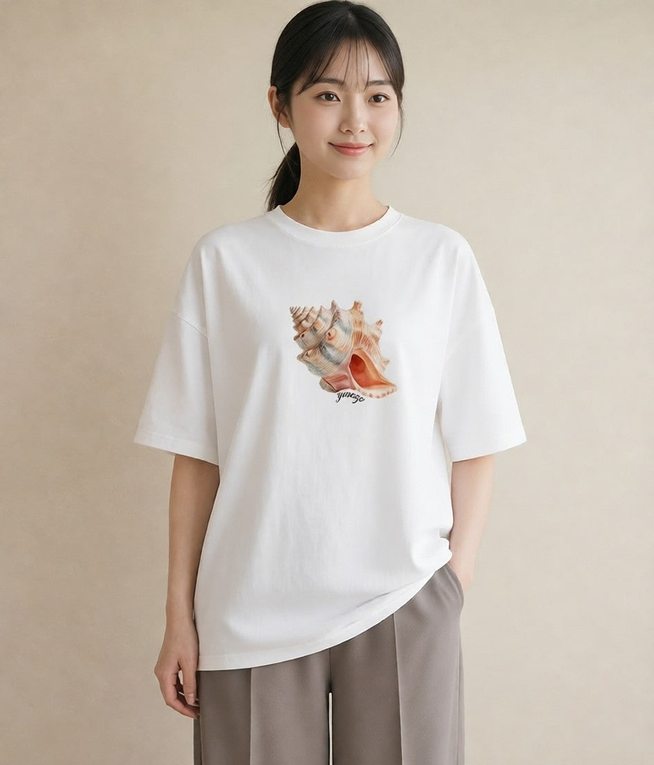 半袖Tシャツ レディース 貝 海の生き物 海 イラスト 普段使い カフェ巡り 白T YMAZO