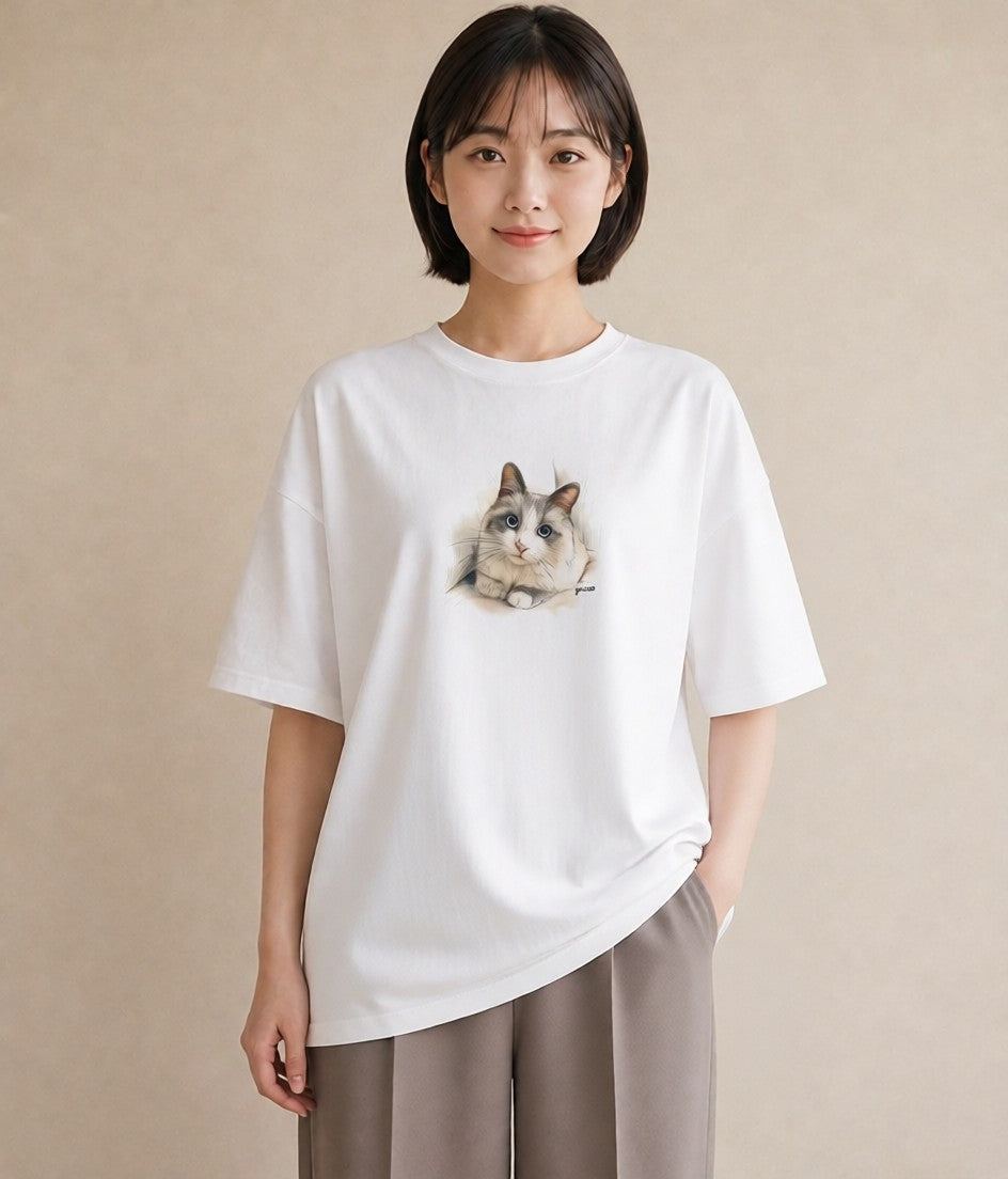 Tシャツ レディース 猫 ねこ イラスト 北欧風 デート 帰省 白T YMAZO