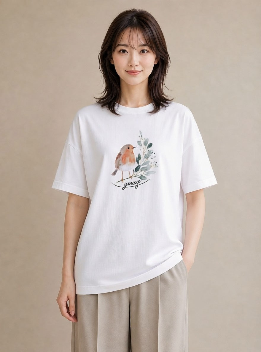 プリントTシャツ レディース ことり ペット 動物 イラスト こなれ感 散歩 お出かけ 白T YMAZO