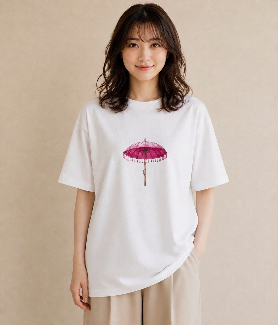 半袖Tシャツ レディース 傘 水たまり 雨 ナチュラル アンティーク イラスト レトロ 休日 ペアコーデ 白T YMAZO