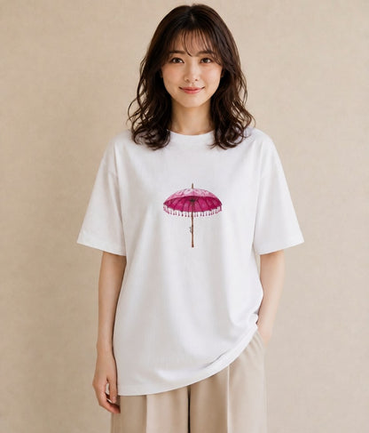 半袖Tシャツ レディース 傘 水たまり 雨 ナチュラル アンティーク イラスト レトロ 休日 ペアコーデ 白T YMAZO