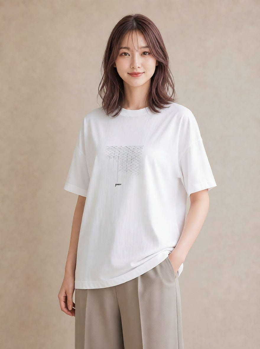 Tシャツ レディース 幾何学 ミニマル ジオメトリック イラスト カジュアル カフェ巡り 女子会 白T YMAZO