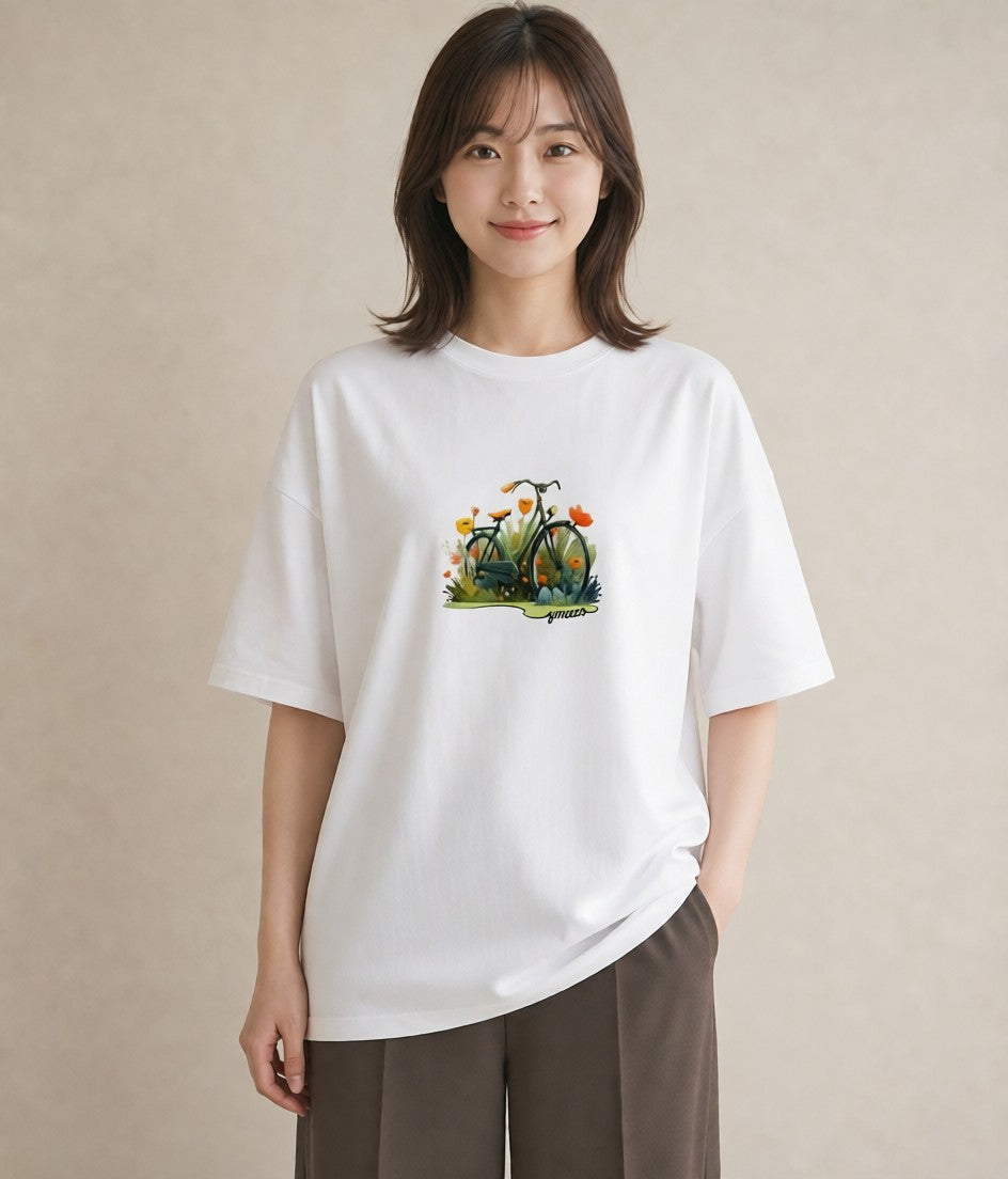 Tシャツ レディース 自転車のかご 自転車 花かご ナチュラル アンティーク イラスト ガーリー 部屋着 女性向けギフト 白T YMAZO