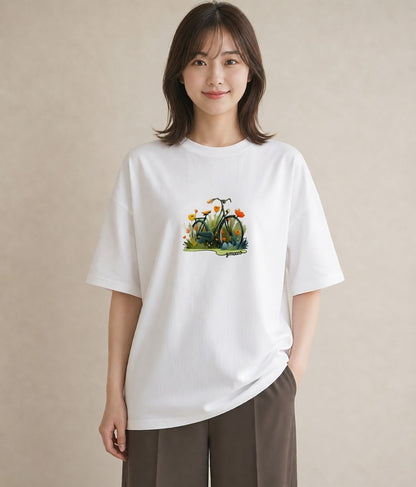 Tシャツ レディース 自転車のかご 自転車 花かご ナチュラル アンティーク イラスト ガーリー 部屋着 女性向けギフト 白T YMAZO