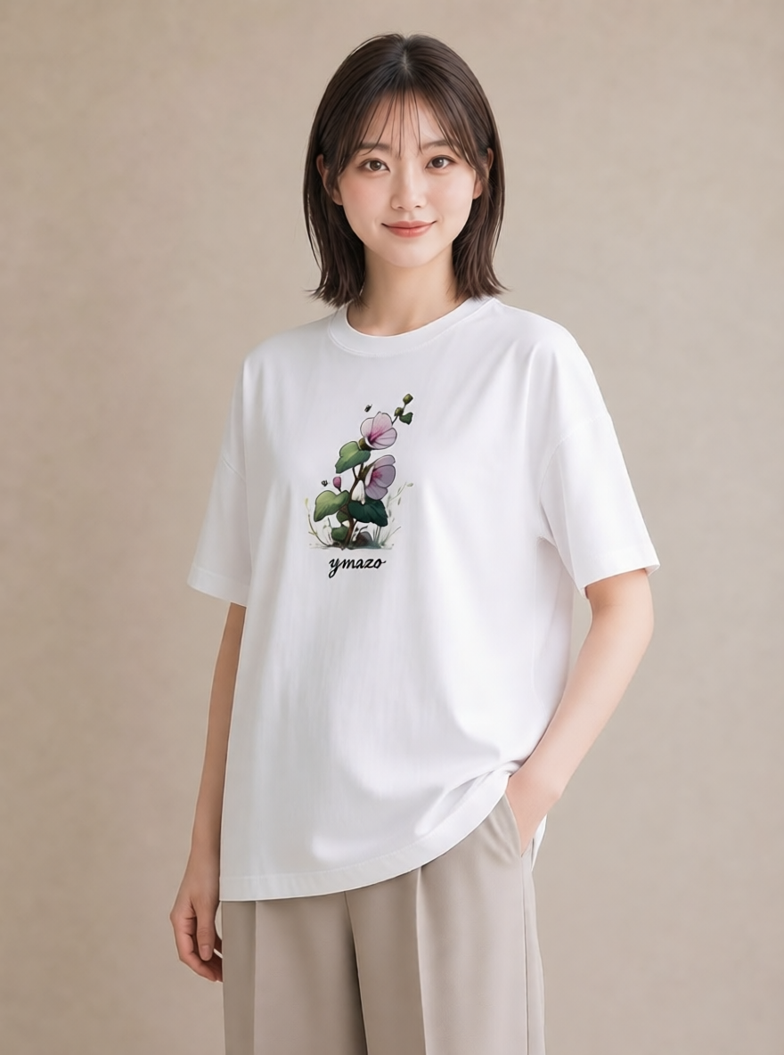 Tシャツ レディース パンジー 花 花柄 イラスト 線画 散歩 お出かけ 白T