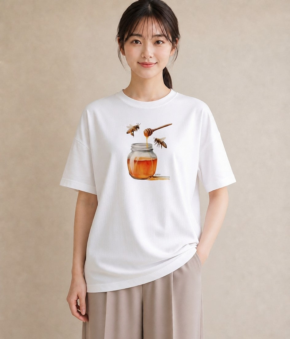 半袖Tシャツ レディース みつばち 昆虫 虫 イラスト ラフカジュアル 女性 旅行用 白T YMAZO
