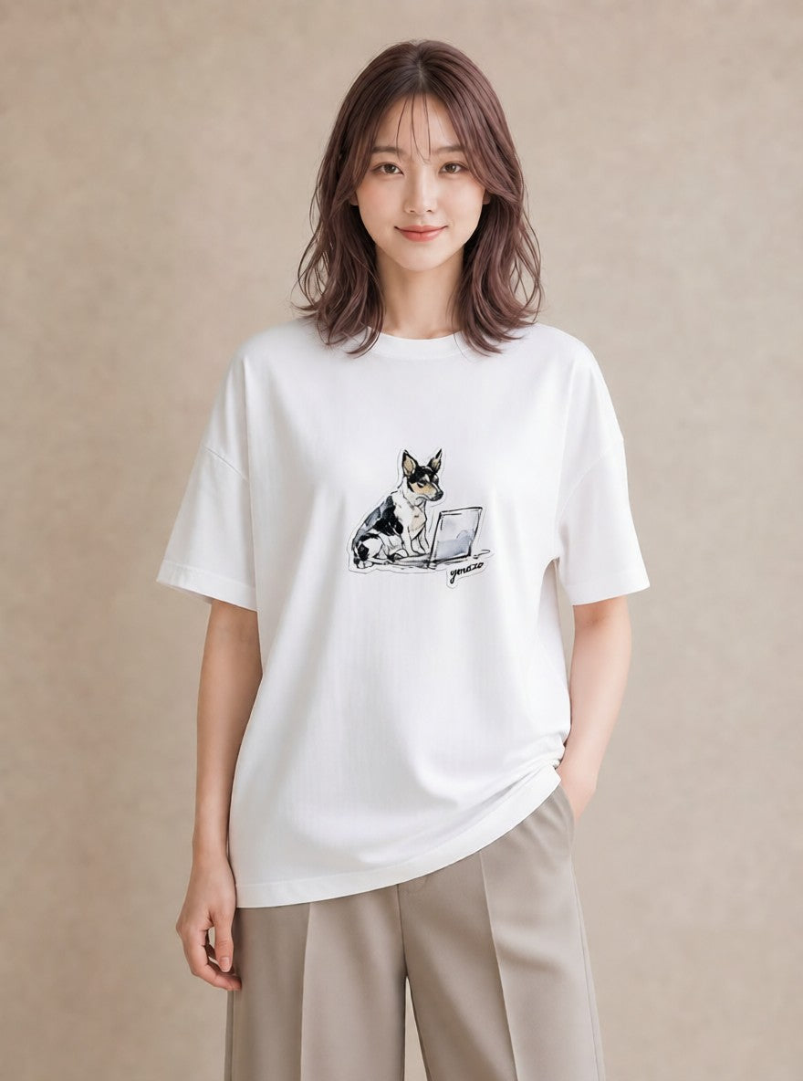 Tシャツ レディース 犬 いぬ イラスト 韓国風 休日 ペアコーデ 白T YMAZO