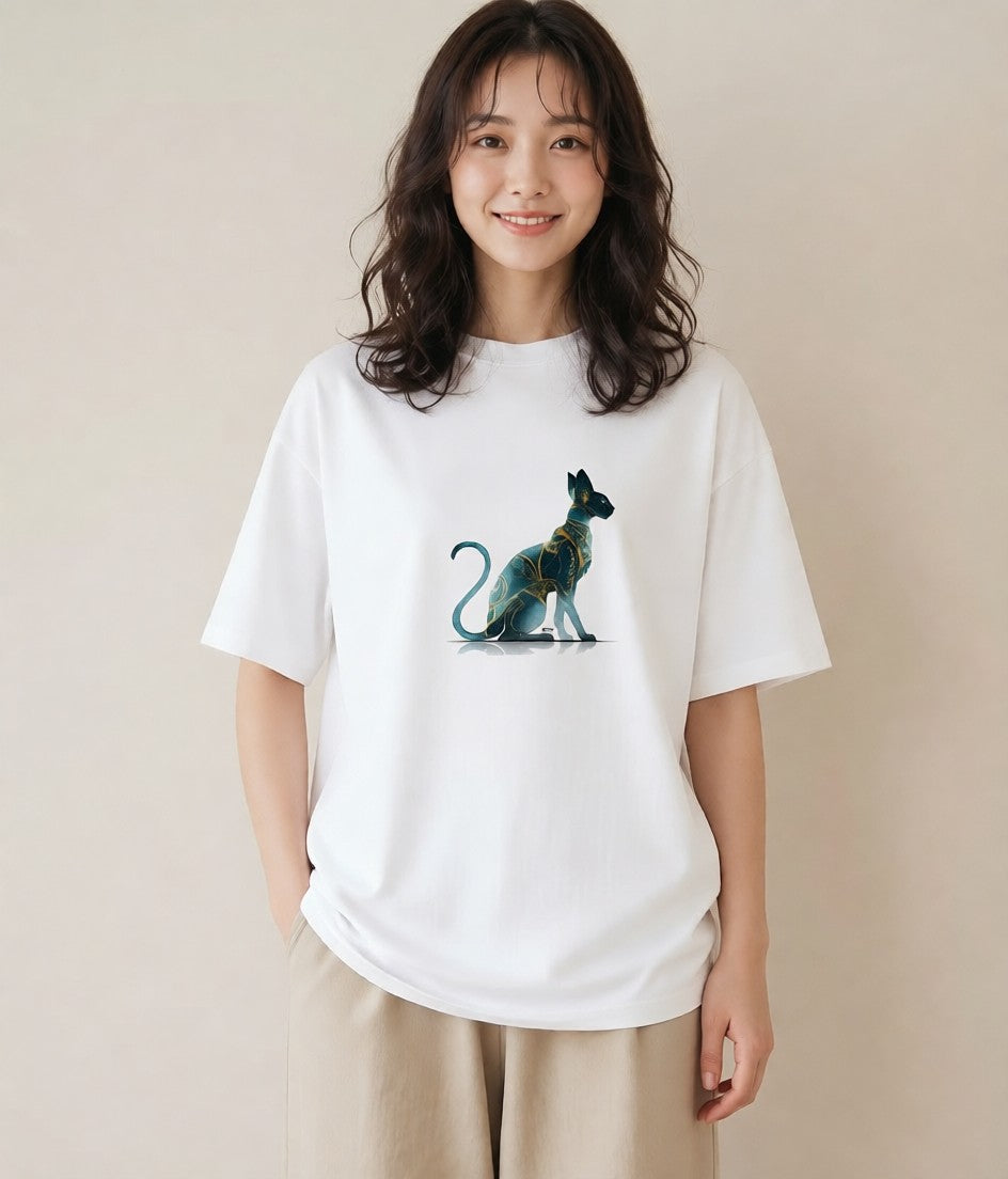 Tシャツ レディース スフィンクス 猫 ねこ イラスト 北欧風 ラフ レイヤード 白T YMAZO