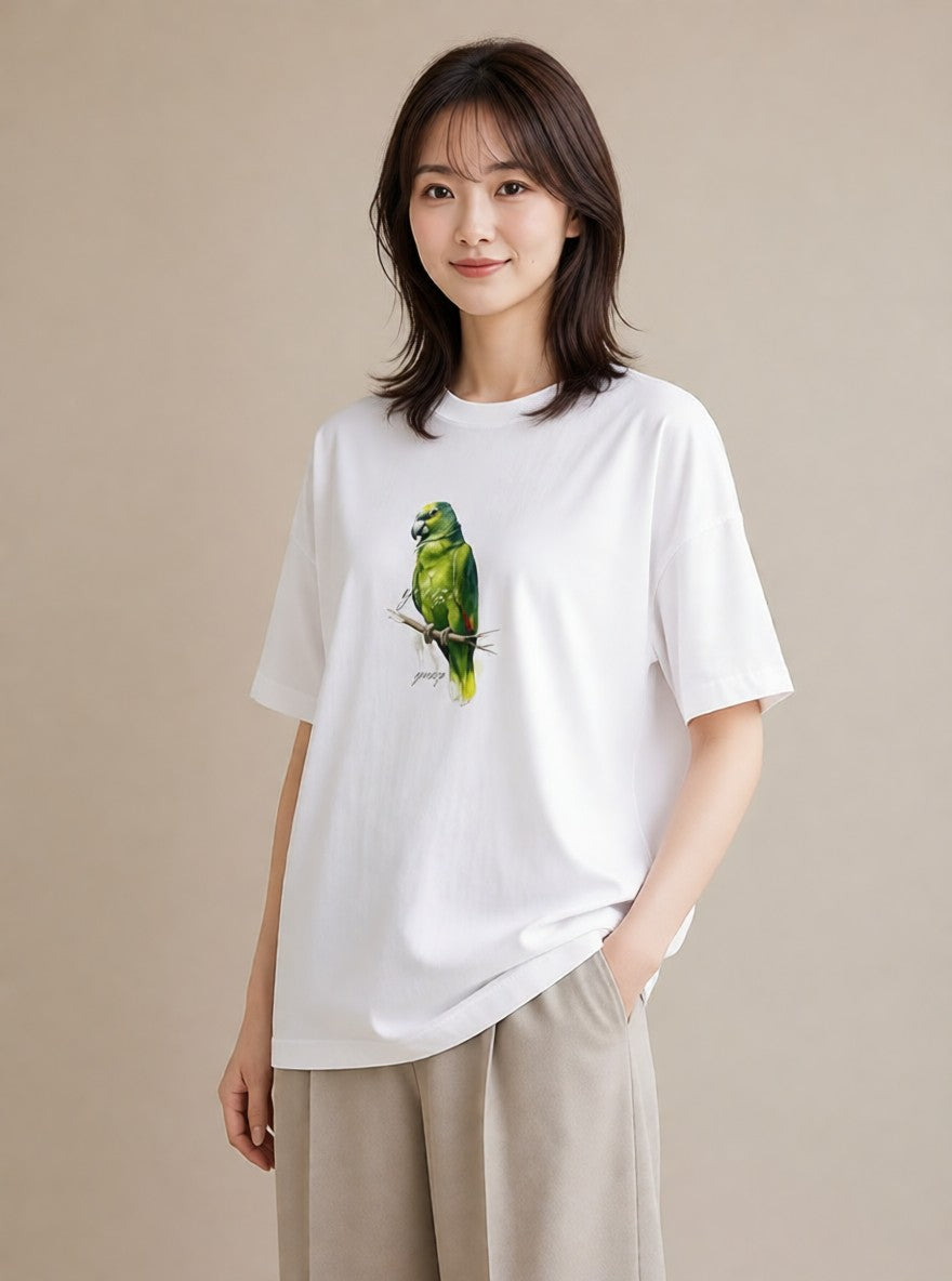 プリントTシャツ レディース コザクラインコ ペット 動物 イラスト 線画 ママ カフェ服 白T YMAZO