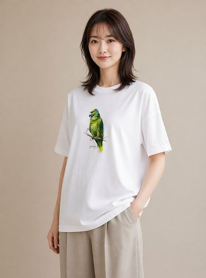 プリントTシャツ レディース コザクラインコ ペット 動物 イラスト 線画 ママ カフェ服 白T YMAZO