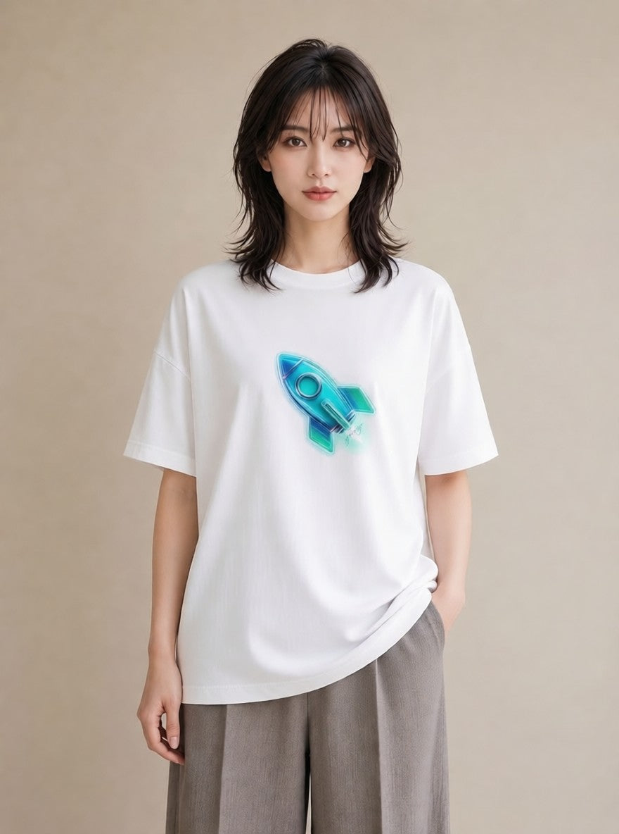 デザインTシャツ レディース ロケット 星空 宇宙 イラスト 個性的 在宅 公園 白T YMAZO