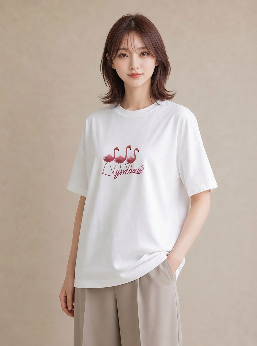 Tシャツ レディース フラミンゴ 動物 アニマル イラスト モード 通勤 在宅 白T YMAZO