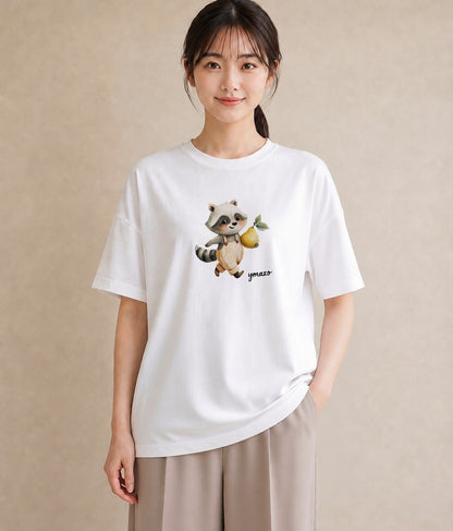 プリントTシャツ レディース たぬき 動物 アニマル イラスト 抜け感 デート 帰省 白T YMAZO