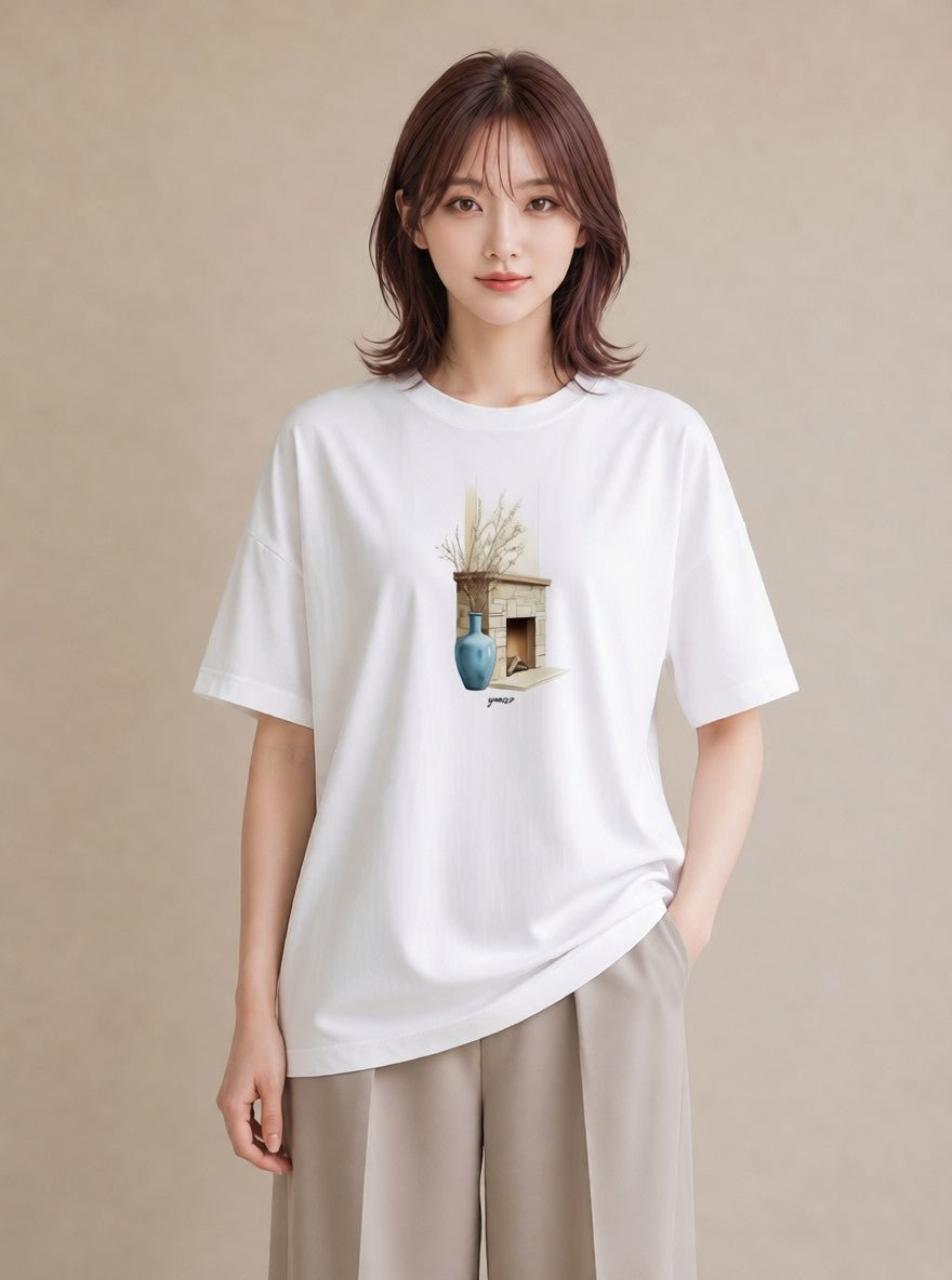 半袖Tシャツ レディース ガラス瓶 小枝 ボタニカル ナチュラル アンティーク イラスト 普段使い 旅行 母娘コーデ 白T YMAZO