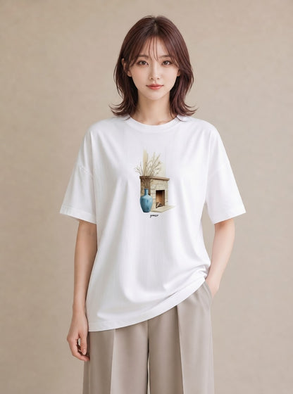 半袖Tシャツ レディース ガラス瓶 小枝 ボタニカル ナチュラル アンティーク イラスト 普段使い 旅行 母娘コーデ 白T YMAZO
