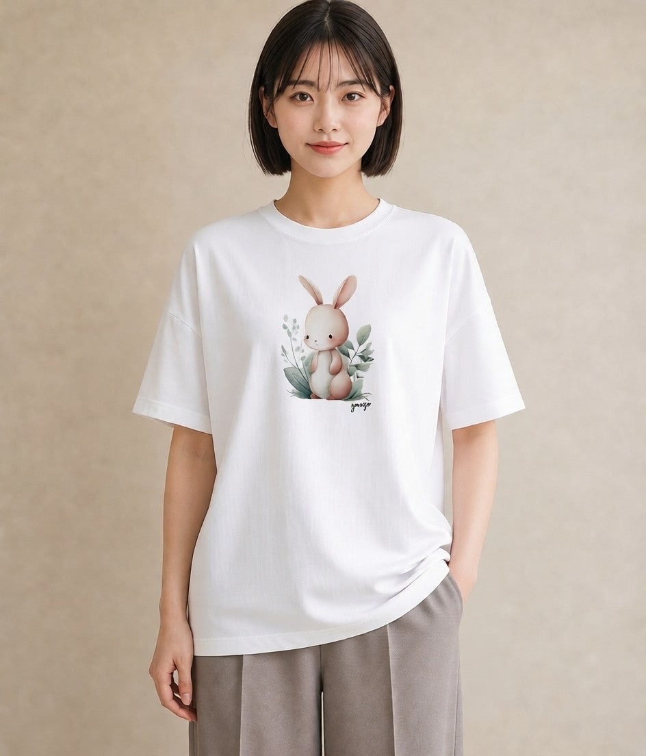 半袖Tシャツ レディース ミニうさぎ ペット 動物 イラスト フェミニン 公園 ママ 白T YMAZO