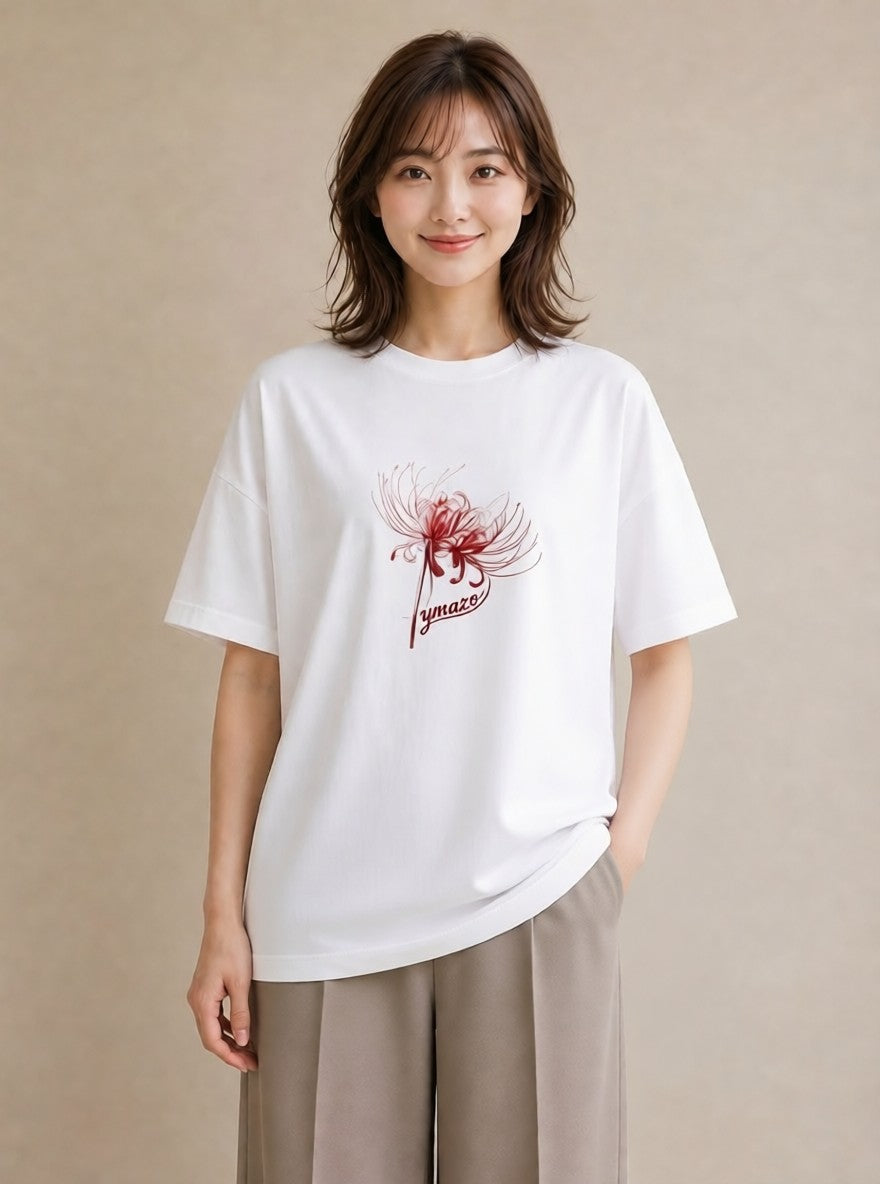 デザインTシャツ レディース 彼岸花 花 花柄 イラスト きれいめ 海 カフェ巡り 白T YMAZO