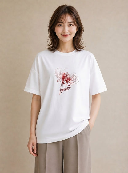 デザインTシャツ レディース 彼岸花 花 花柄 イラスト きれいめ 海 カフェ巡り 白T YMAZO