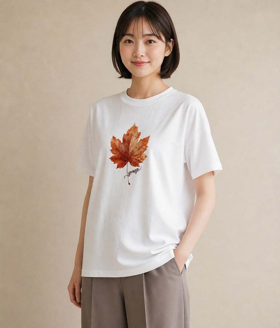 グラフィックTシャツ レディース 落ち葉 植物 ボタニカル イラスト 抜け感 休日 ペアコーデ 白T YMAZO