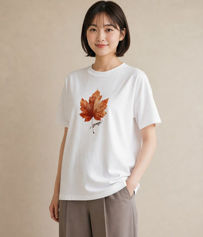 グラフィックTシャツ レディース 落ち葉 植物 ボタニカル イラスト 抜け感 休日 ペアコーデ 白T YMAZO