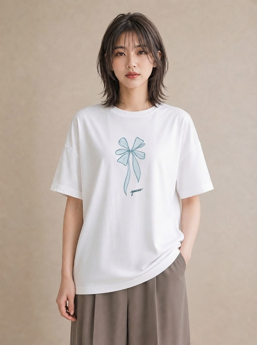 デザインTシャツ レディース リボン ボウ りぼん イラスト ラフ 公園 ママ 白T YMAZO