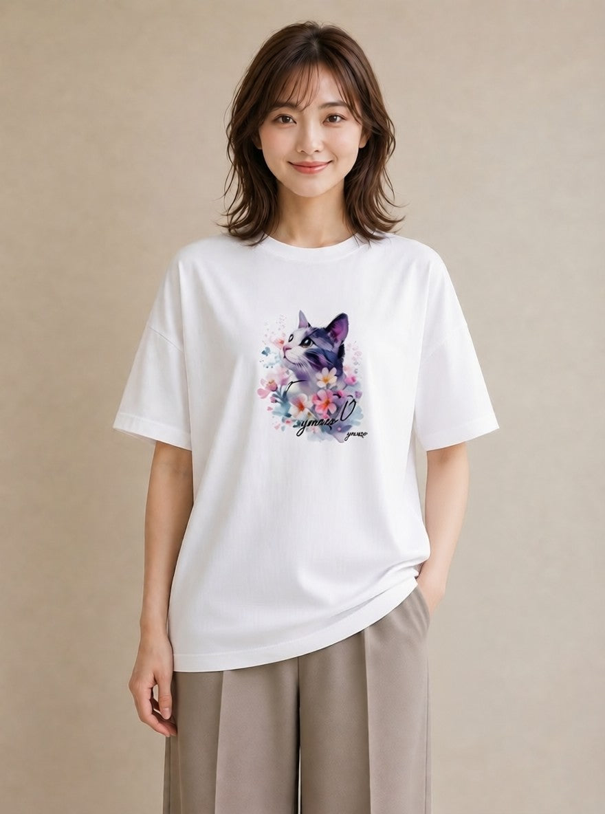 半袖Tシャツ レディース ペルシャ 猫 ねこ イラスト 個性的 カフェ服 クリスマス 白T YMAZO