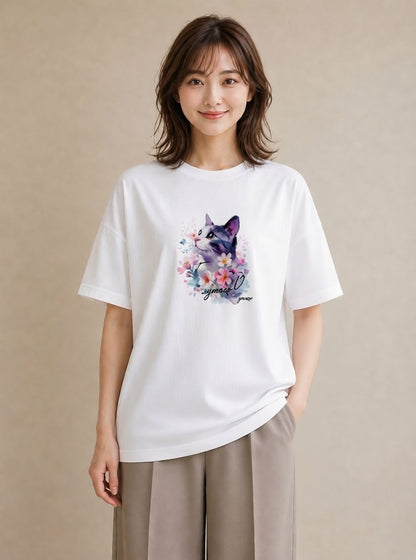 半袖Tシャツ レディース ペルシャ 猫 ねこ イラスト 個性的 カフェ服 クリスマス 白T YMAZO