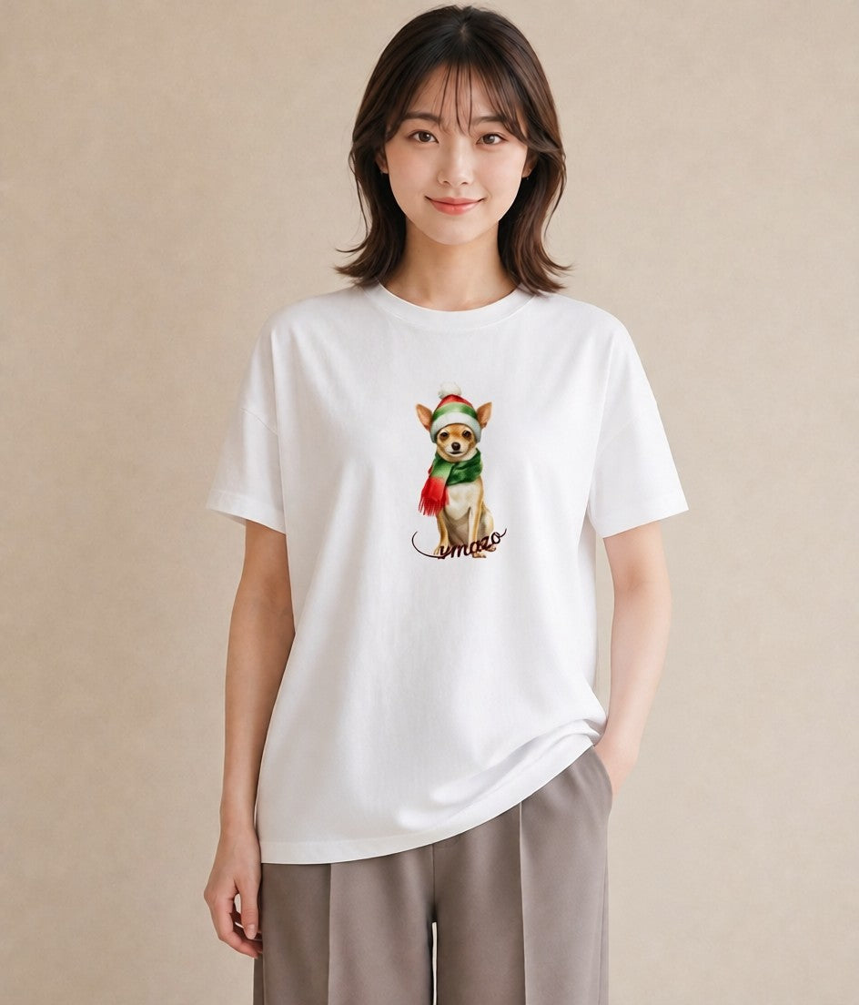 半袖Tシャツ レディース チワワ 犬 いぬ イラスト ミニマル お出かけ 普段着 白T YMAZO