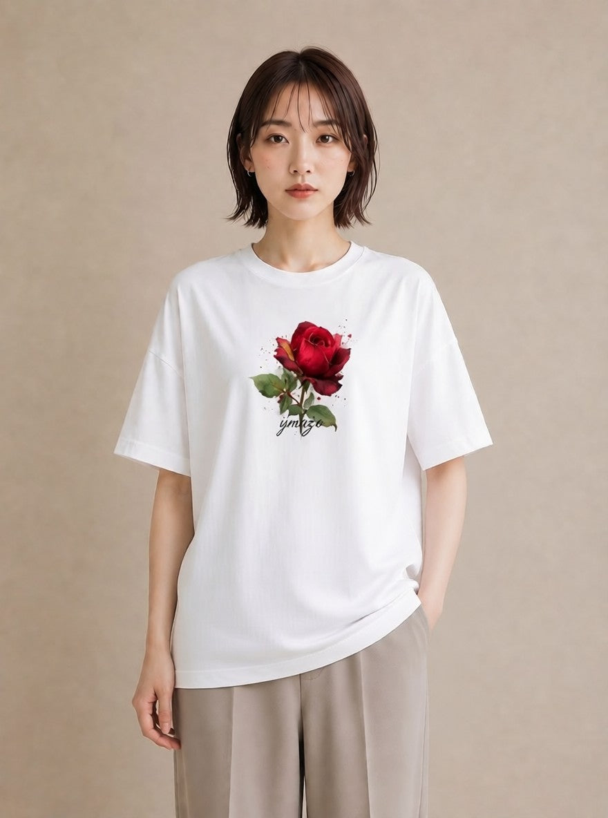 半袖Tシャツ レディース バラ 薔薇 ローズ 花 花柄 イラスト 可愛い レイヤード 友達ギフト 白T