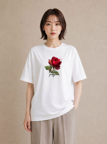 半袖Tシャツ レディース バラ 薔薇 ローズ 花 花柄 イラスト 可愛い レイヤード 友達ギフト 白T