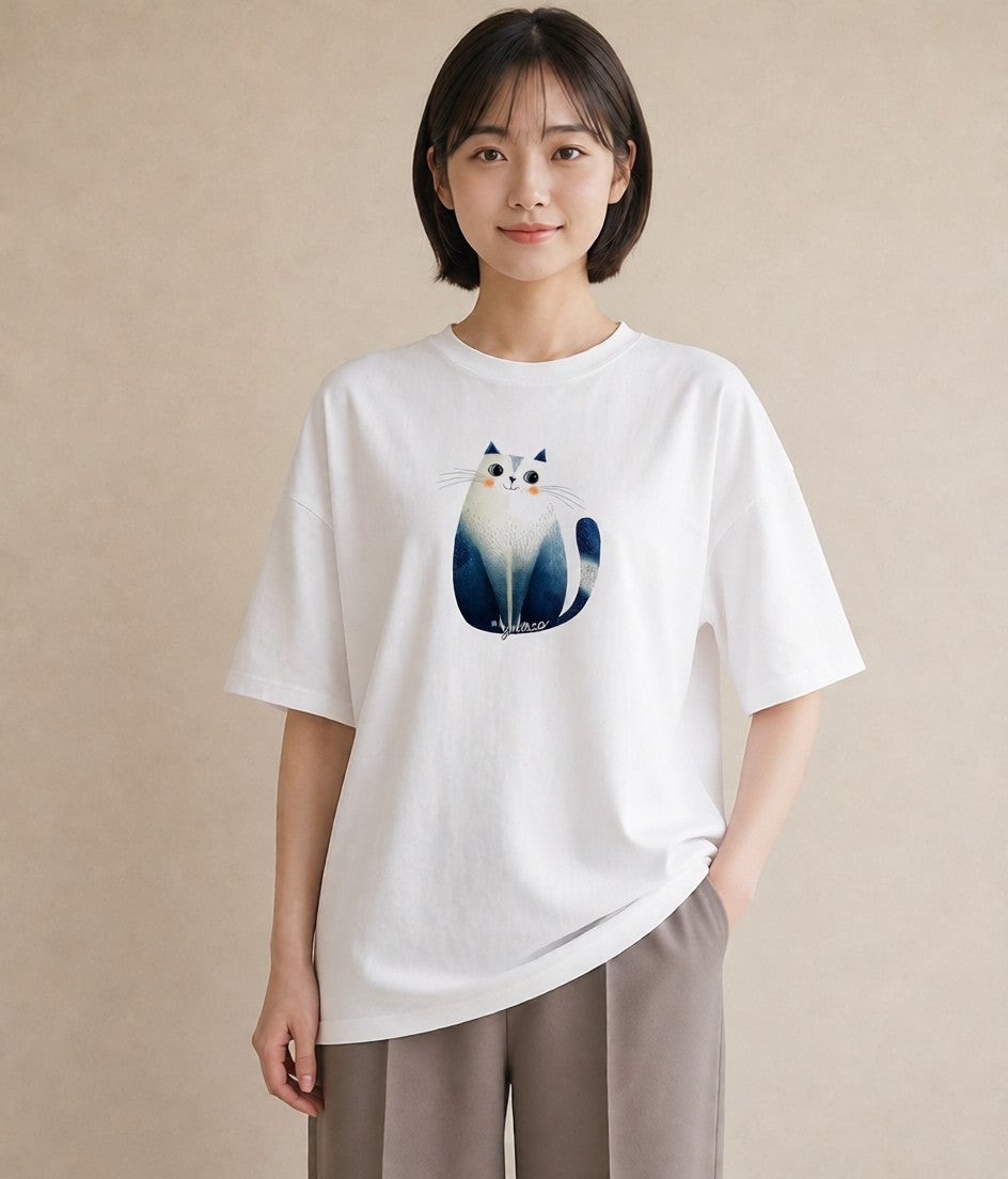 グラフィックTシャツ レディース ニャンコ 猫 ねこ イラスト ラフカジュアル デート 帰省 白T YMAZO