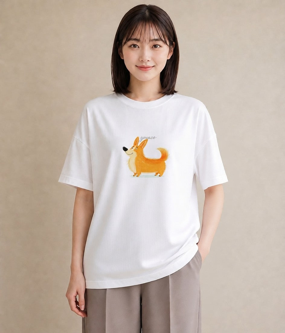 半袖Tシャツ レディース ウェルシュコーギー コーギー 犬 いぬ イラスト ガーリー デイリーウェア 休日 白T YMAZO