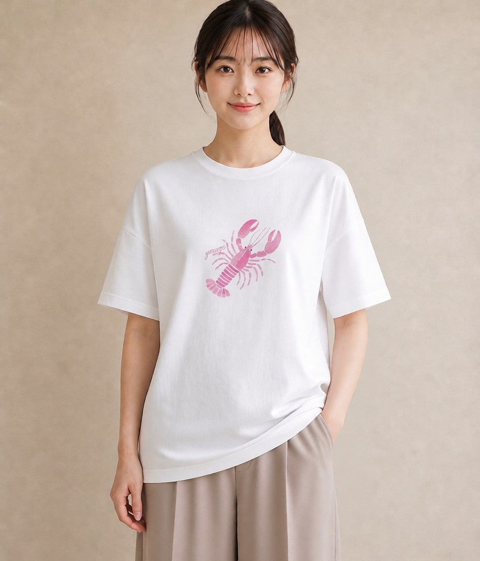 プリントTシャツ レディース エビ 海の生き物 海 イラスト 北欧風 旅行 母娘コーデ 白T YMAZO