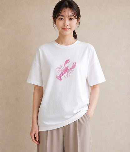 プリントTシャツ レディース エビ 海の生き物 海 イラスト 北欧風 旅行 母娘コーデ 白T YMAZO