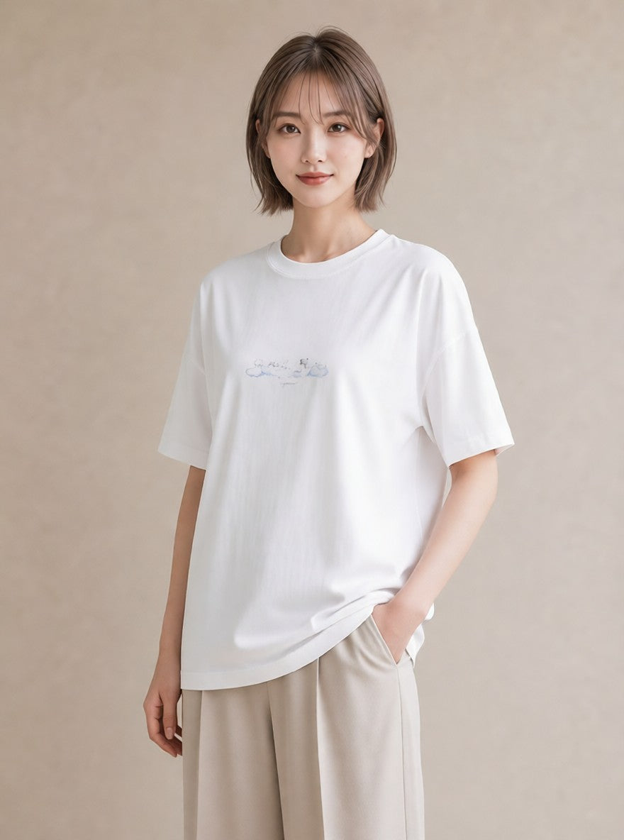 プリントTシャツ レディース 雲 星空 宇宙 イラスト 個性的 カフェ服 クリスマス 白T YMAZO