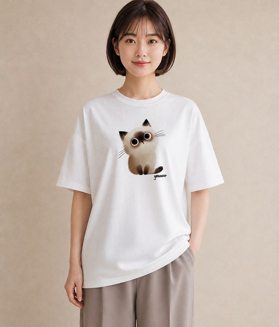 プリントTシャツ レディース 白猫 猫 ねこ イラスト お洒落 女性向けギフト 散歩 白T YMAZO
