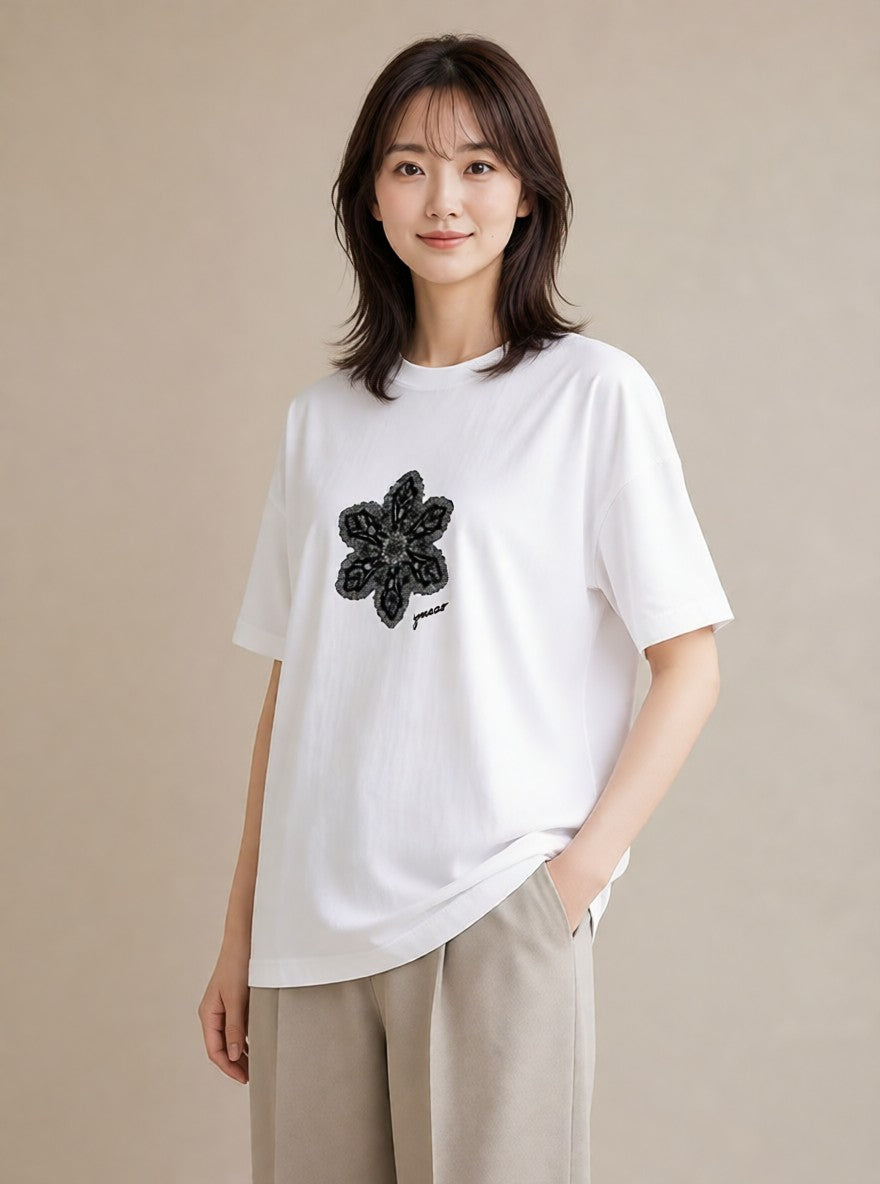 デザインTシャツ レディース レースハンカチ レース ハンカチ ナチュラル アンティーク イラスト 北欧風 女性 旅行用 白T YMAZO