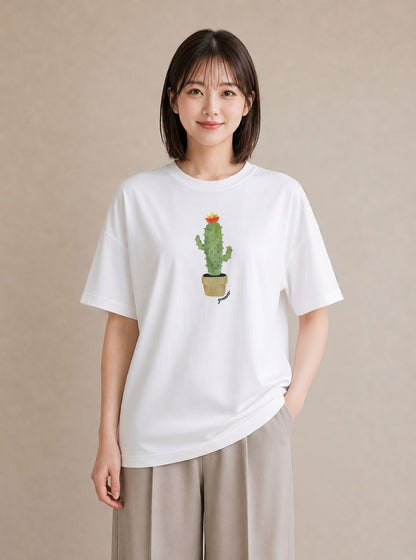 プリントTシャツ レディース サボテン 植物 ボタニカル イラスト デート 帰省 白T YMAZO