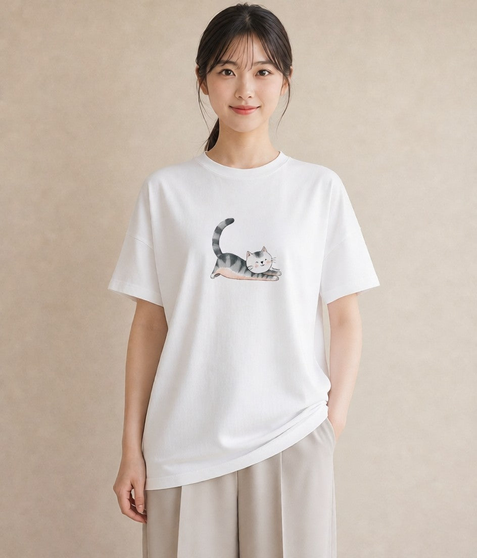 半袖Tシャツ レディース マンチカン 猫 ねこ イラスト カジュアル 在宅 公園 白T YMAZO