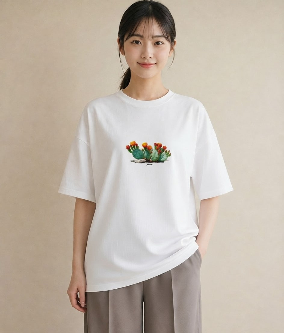 デザインTシャツ レディース サボテン 植物 ボタニカル イラスト ガーリー 夏コーデ 通学 白T YMAZO