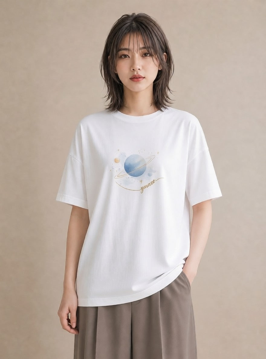 プリントTシャツ レディース 土星 星空 宇宙 イラスト カジュアル カジュアルコーデ 買い物 白T YMAZO