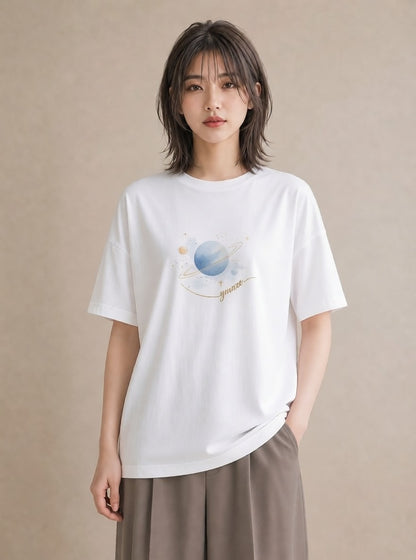 プリントTシャツ レディース 土星 星空 宇宙 イラスト カジュアル カジュアルコーデ 買い物 白T YMAZO