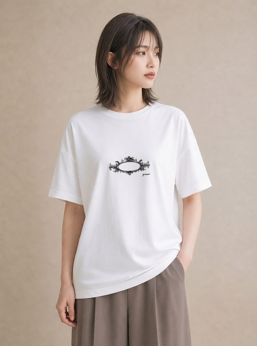 デザインTシャツ レディース 手鏡 アンティーク レトロ ナチュラル イラスト 手描き風 通学 誕生日プレゼント 白T YMAZO