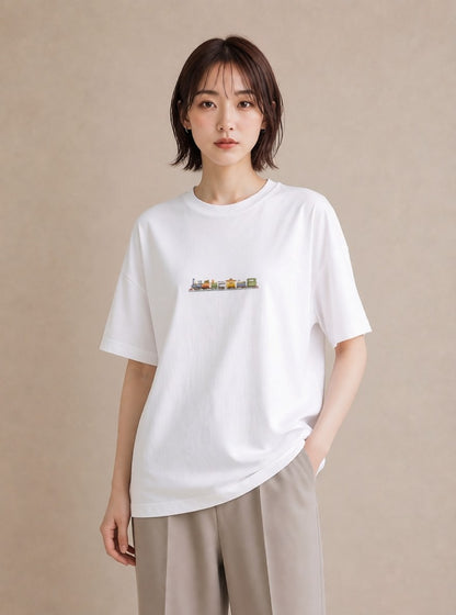 プリントTシャツ レディース 駅のホーム ローカル線 駅 ナチュラル アンティーク イラスト 可愛い ラフ レイヤード 白T YMAZO
