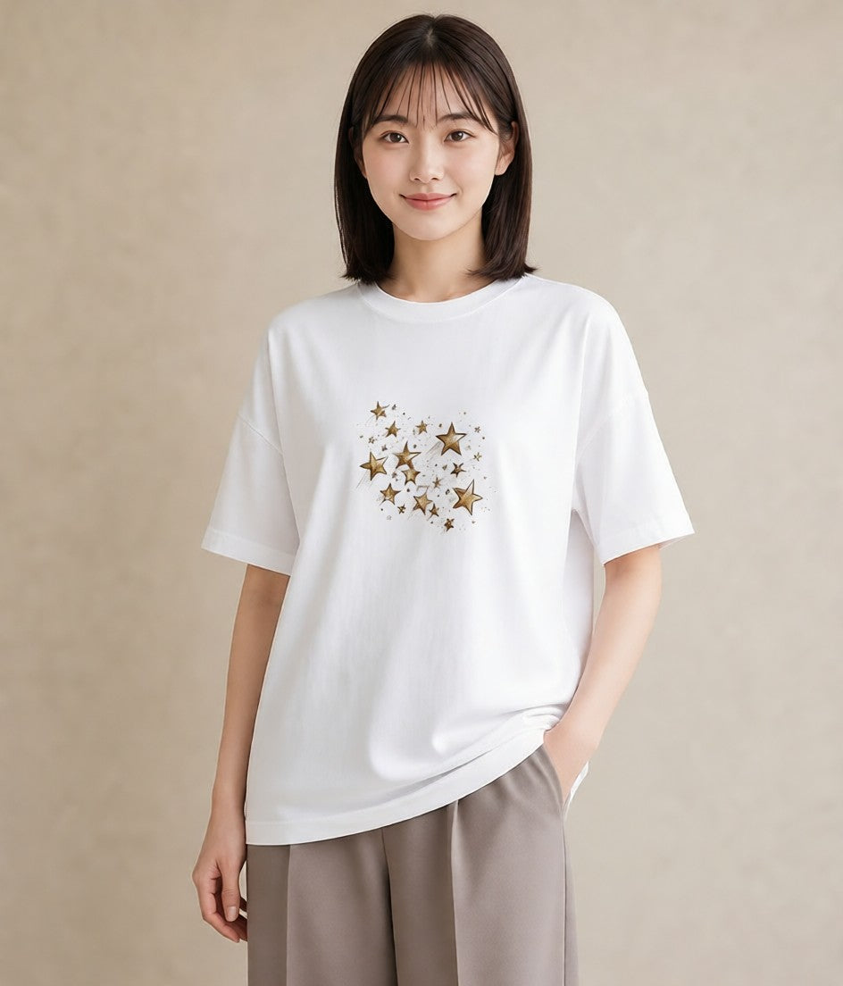 グラフィックTシャツ レディース 星 星空 宇宙 イラスト フェミニン カジュアルコーデ 買い物 白T YMAZO