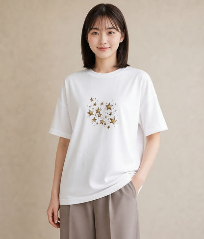 グラフィックTシャツ レディース 星 星空 宇宙 イラスト フェミニン カジュアルコーデ 買い物 白T YMAZO