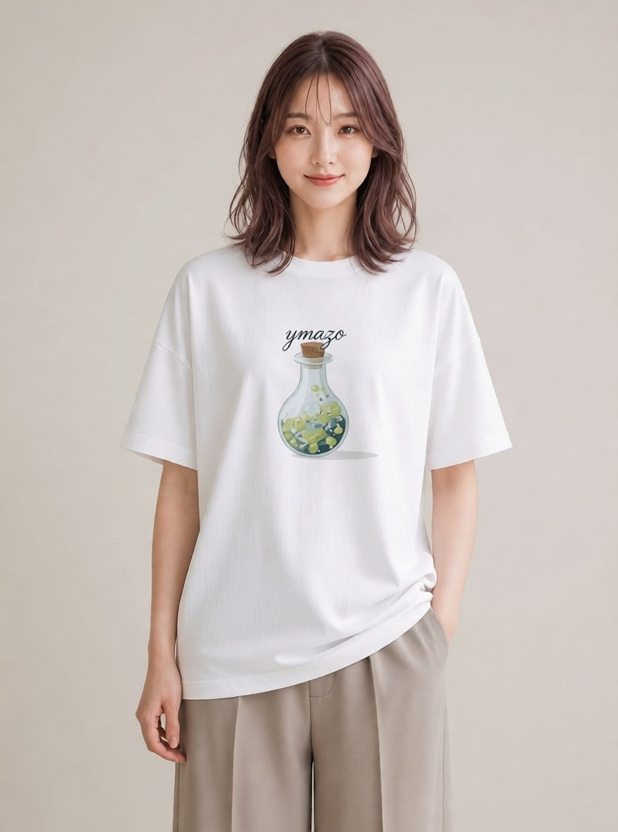 Tシャツ レディース ガラス瓶 小枝 ボタニカル ナチュラル アンティーク イラスト 線画 お出かけ 普段着 白T YMAZO