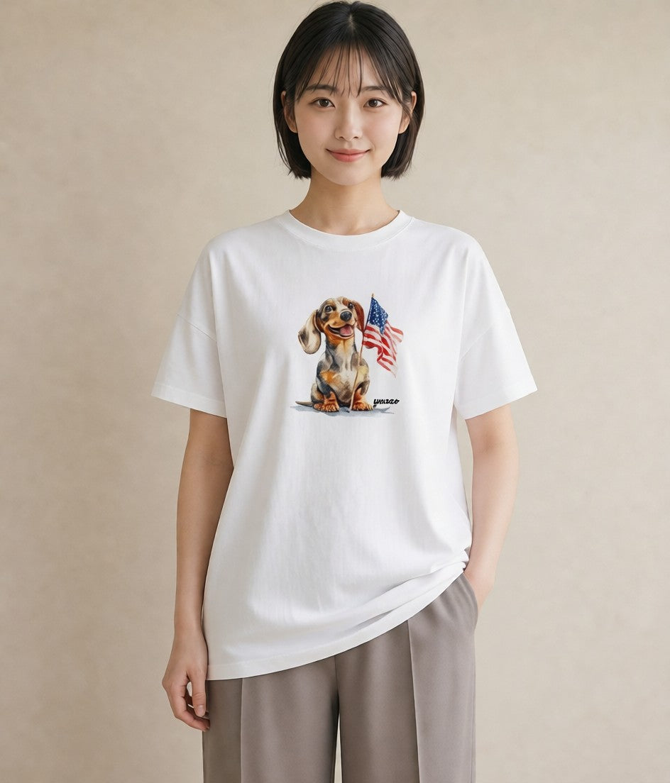 グラフィックTシャツ レディース ミニチュアダックスフンド 犬 いぬ イラスト 上品 姉妹 送別ギフト 白T YMAZO